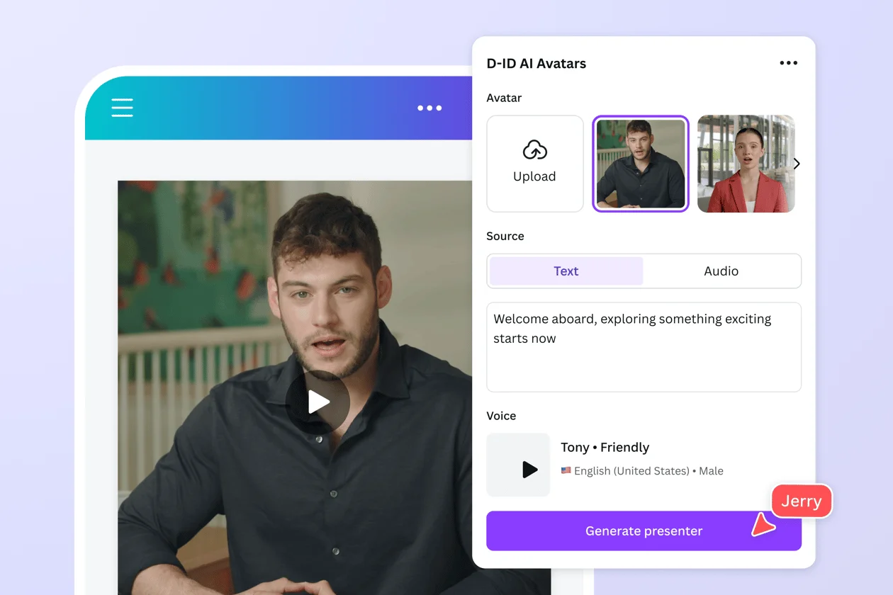 Upload or choose an avatar, add your script, and choose a voice